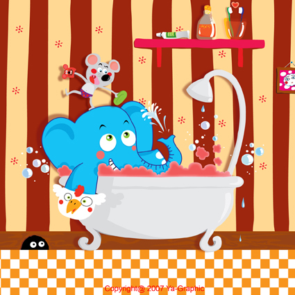 Illustration d'un éléphant et d'une souris dans une baignoire