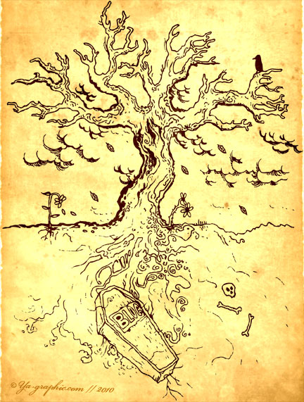 La mort du blog - arbre mort avec corbeau, cercueil enterré