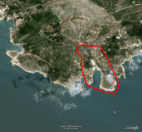 plage la Couronne sur Google Earth