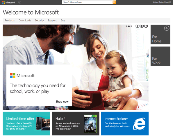 Capture d'écran du site de Microsoft